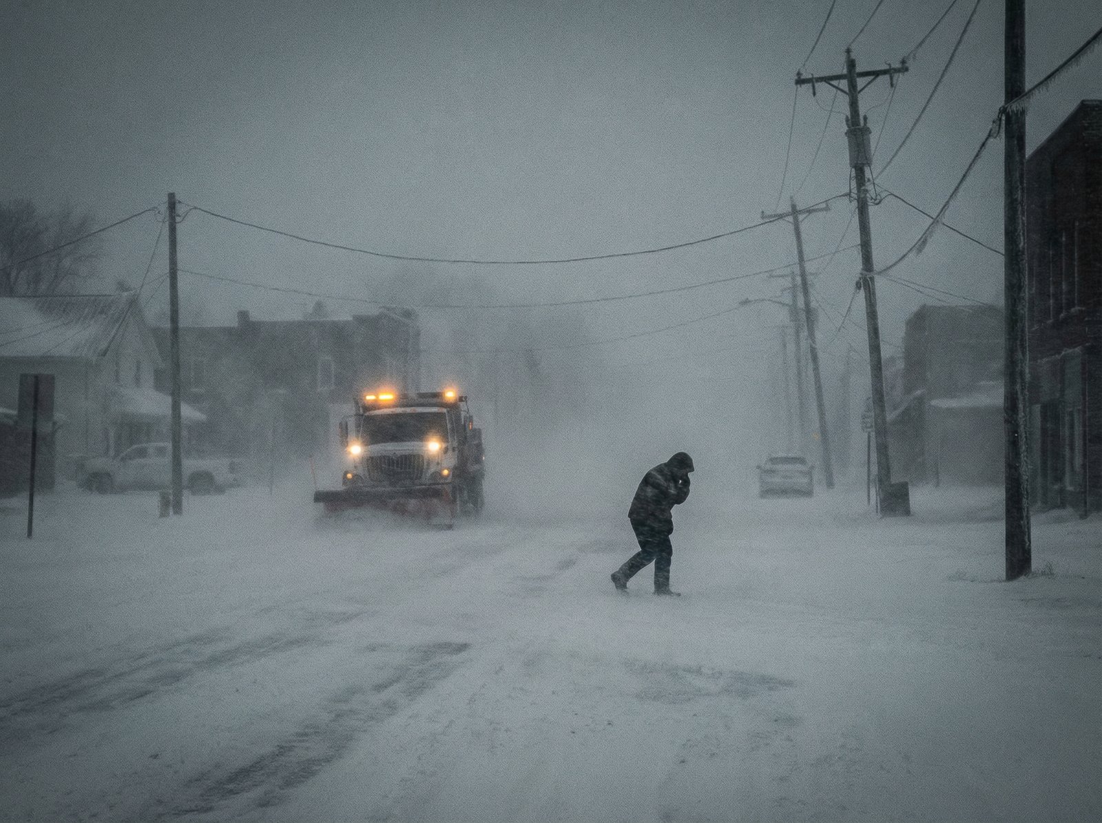 A heavy snowstorm in the Midwest, showing whiteout conditions and strong winds, with a sense of danger and cold. Aspect ratio 4:3, no visible text.