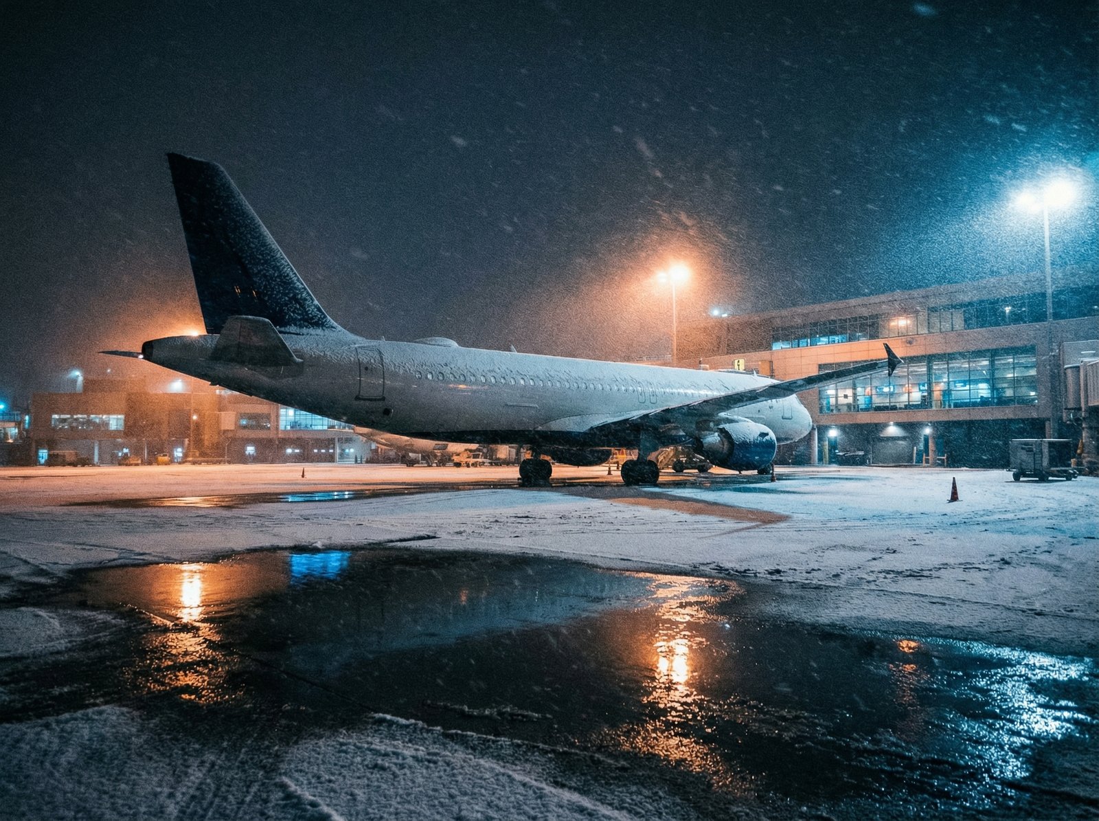 An airplane parked at a gate during a heavy snowstorm at night, airport lights reflecting on the snowy ground, cold atmosphere, cinematic lighting, 4:3 aspect ratio, no visible text
