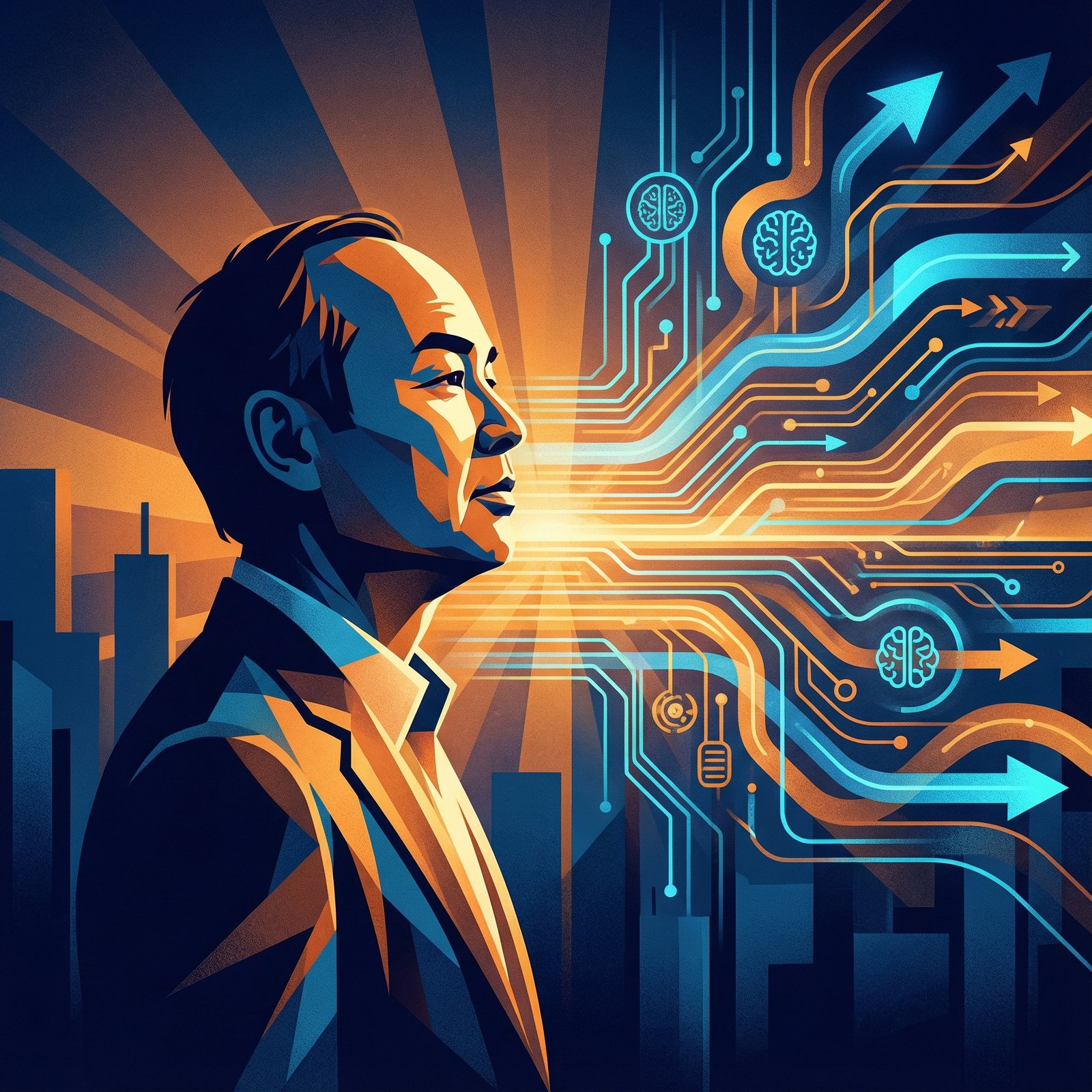 A stylized, modern illustration of Softbank CEO Masayoshi Son looking towards a horizon filled with glowing AI symbols and data streams, conveying a visionary perspective on AI investment. High contrast, warm lighting, deep blue and orange colors. 1:1 aspect ratio, no visible text.