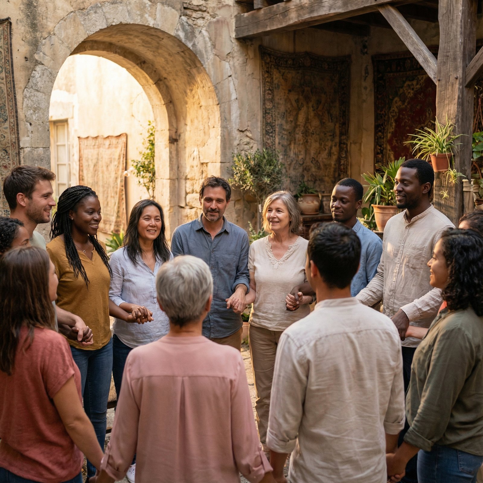 A diverse group of people standing together in a symbolic circle of support, soft warm lighting, detailed composition, textured background, 1:1
