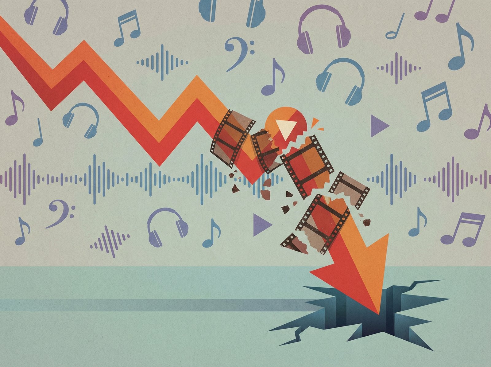 A stylized stock chart showing a downward trend, representing a failing investment in a streaming service, with subtle music notes or headphones in the background, informational style, 4:3 aspect ratio, no visible text