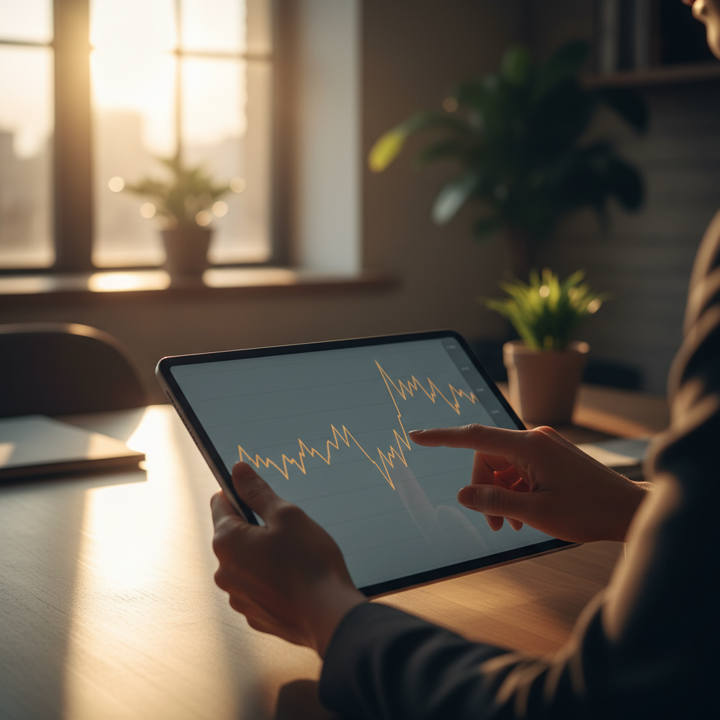 A modern digital tablet showing a rising stock market chart with some recent volatility, professional office setting, warm sunlight through window, Korean person hand touching screen, high contrast photography, no text