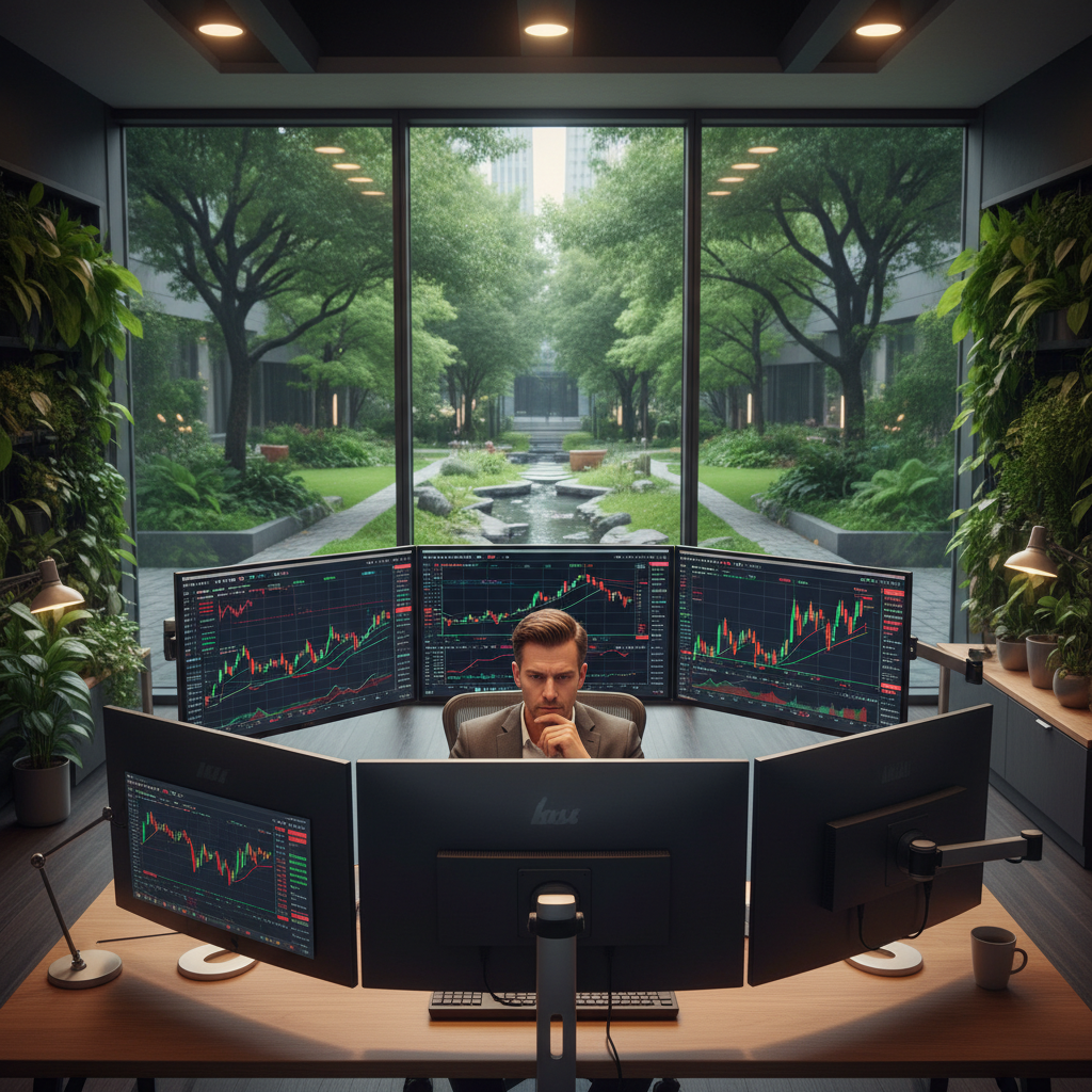 A professional person looking at multiple monitor screens with stock charts facial expression of focus modern office environment warm lighting natural setting no text
