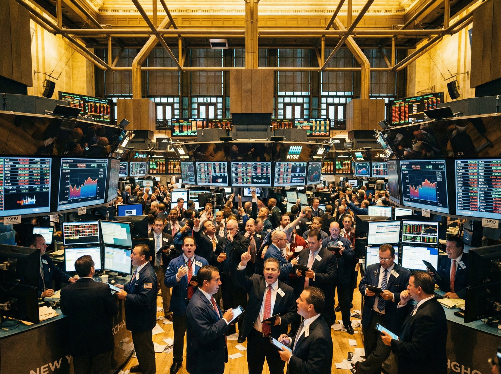 A bustling trading floor in New York Stock Exchange, with traders in suits looking at multiple screens, showing various stock charts and real time data. Warm, bright lighting. Aspect ratio 4:3. No visible text.