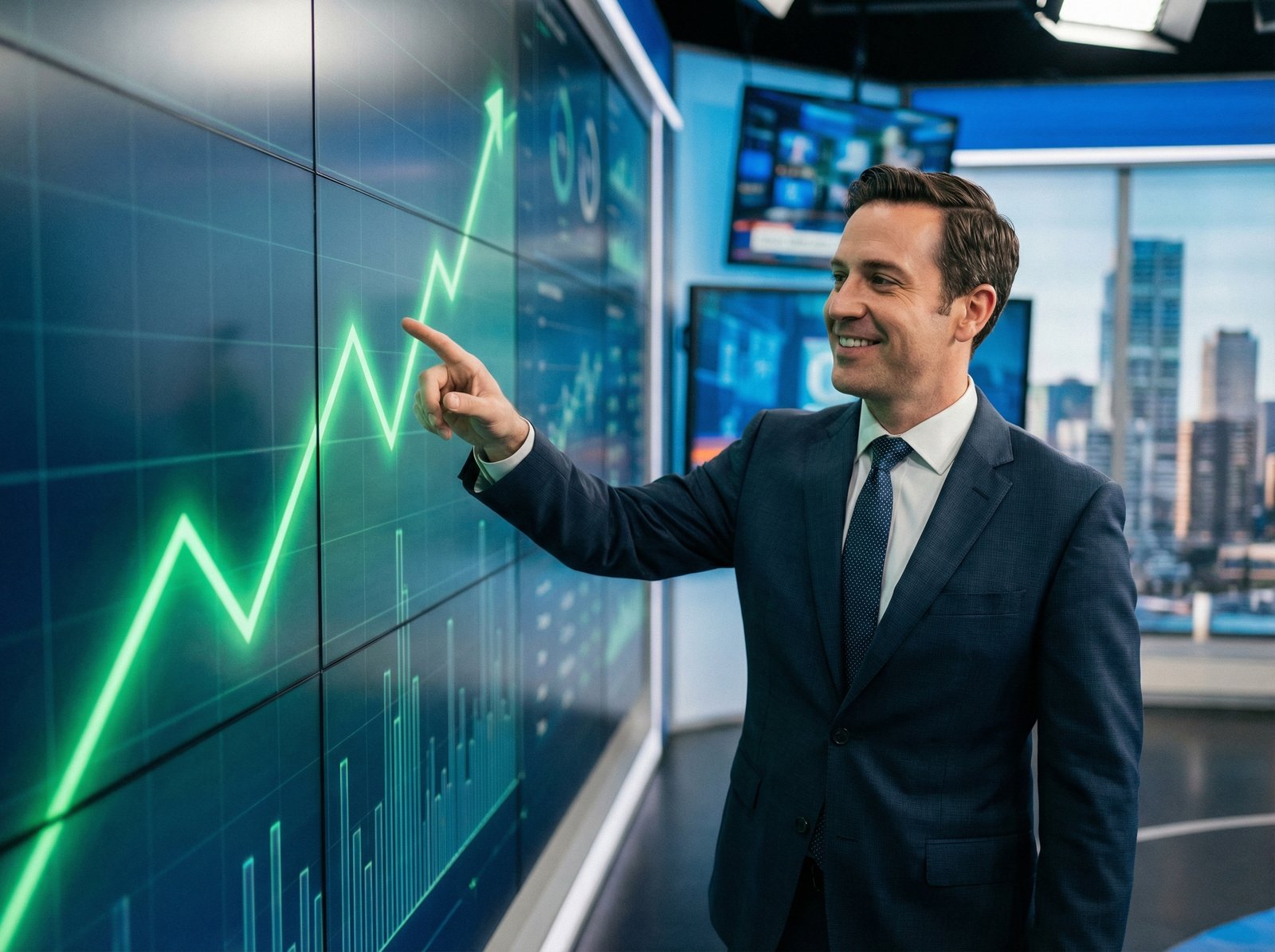 A professional-looking stock analyst pointing at a digital screen displaying an upward trend for Alphabet stock, with abstract data points and a confident, optimistic expression. Informational style, no visible text. Aspect ratio 4:3.
