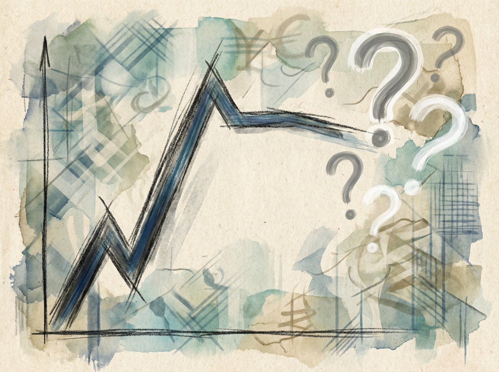 A minimalist stock chart displaying a sharp upward trend followed by a flattened or slightly declining line, with question marks overlaid on the future section, abstract financial background, artistic rendering style, textured background, aspect ratio 4:3, no visible text.