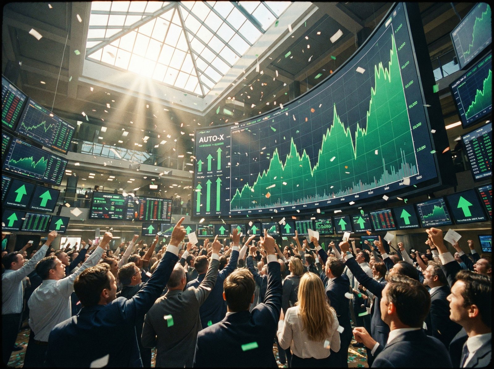 A dynamic scene of a stock market trading floor with large digital screens displaying a clearly upward trending stock chart for a fictional automotive company. The overall mood is energetic and optimistic, with a focus on data visualization. Aspect ratio 4:3, no visible text.