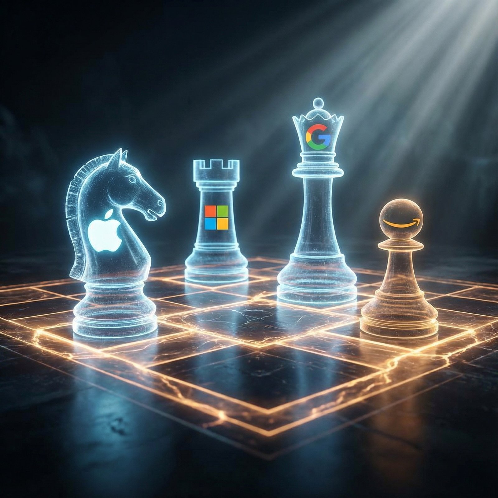 A conceptual image of a futuristic chess board with holographic pieces representing tech giants making strategic moves, dramatic lighting, 1:1 aspect ratio, no visible text