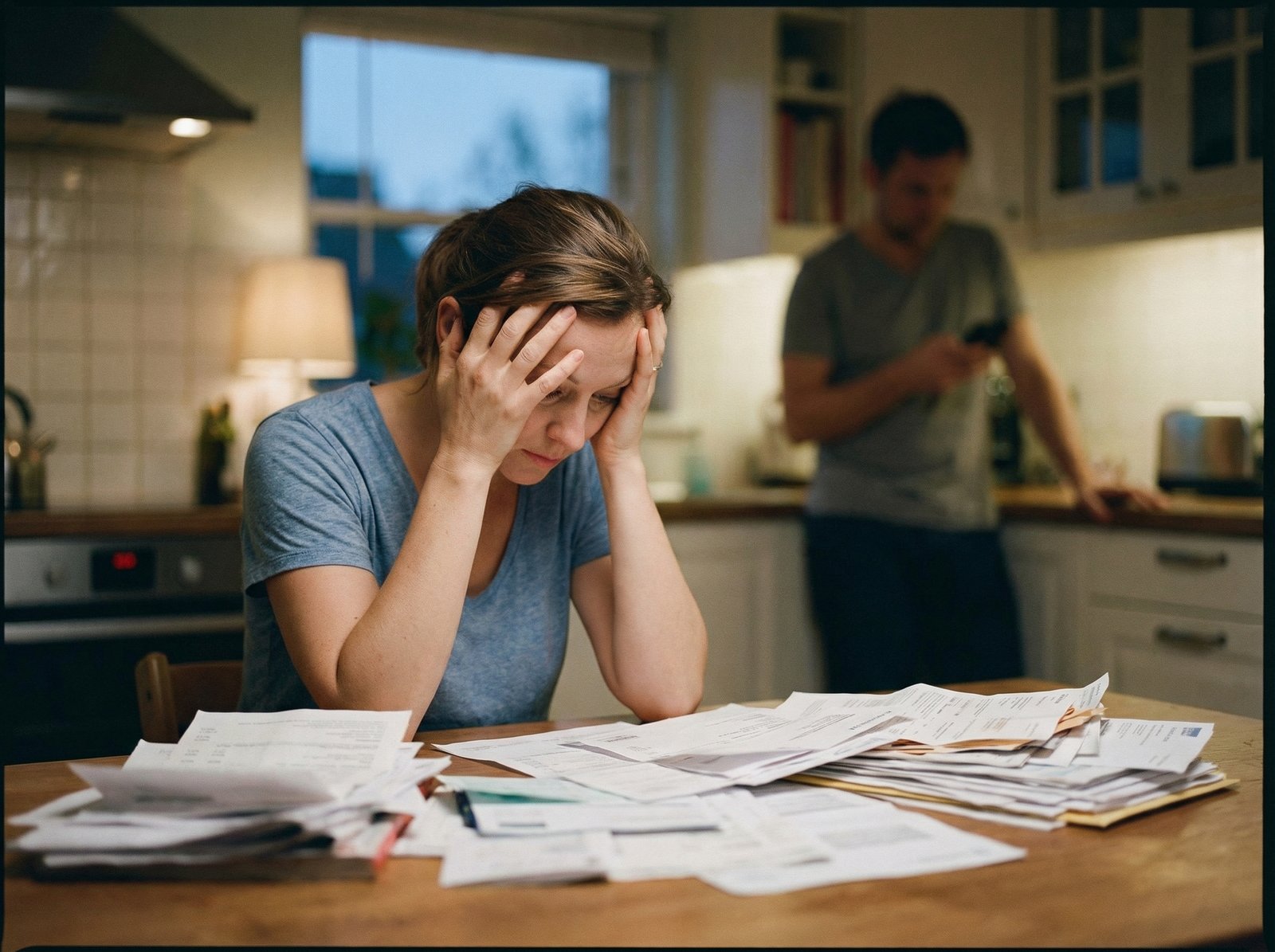 A woman in her late 30s, looking stressed and overwhelmed, sitting alone at a kitchen table filled with various bills and financial documents. Her partner is in the background, out of focus, looking at their phone, disengaged. Soft, slightly dim lighting. No visible text. Aspect ratio 4:3.