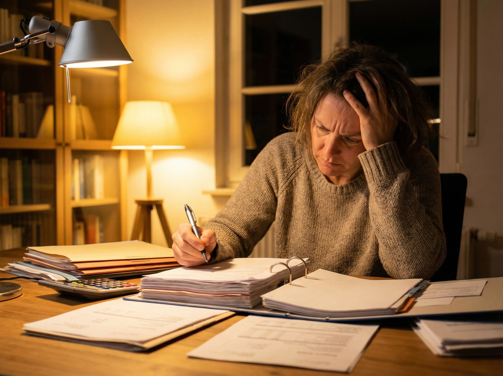 A person sitting at a wooden desk looking stressed while holding a pen and reviewing financial documents related to student loans. The setting is a cozy home office with warm lighting. 4:3 aspect ratio, no text.