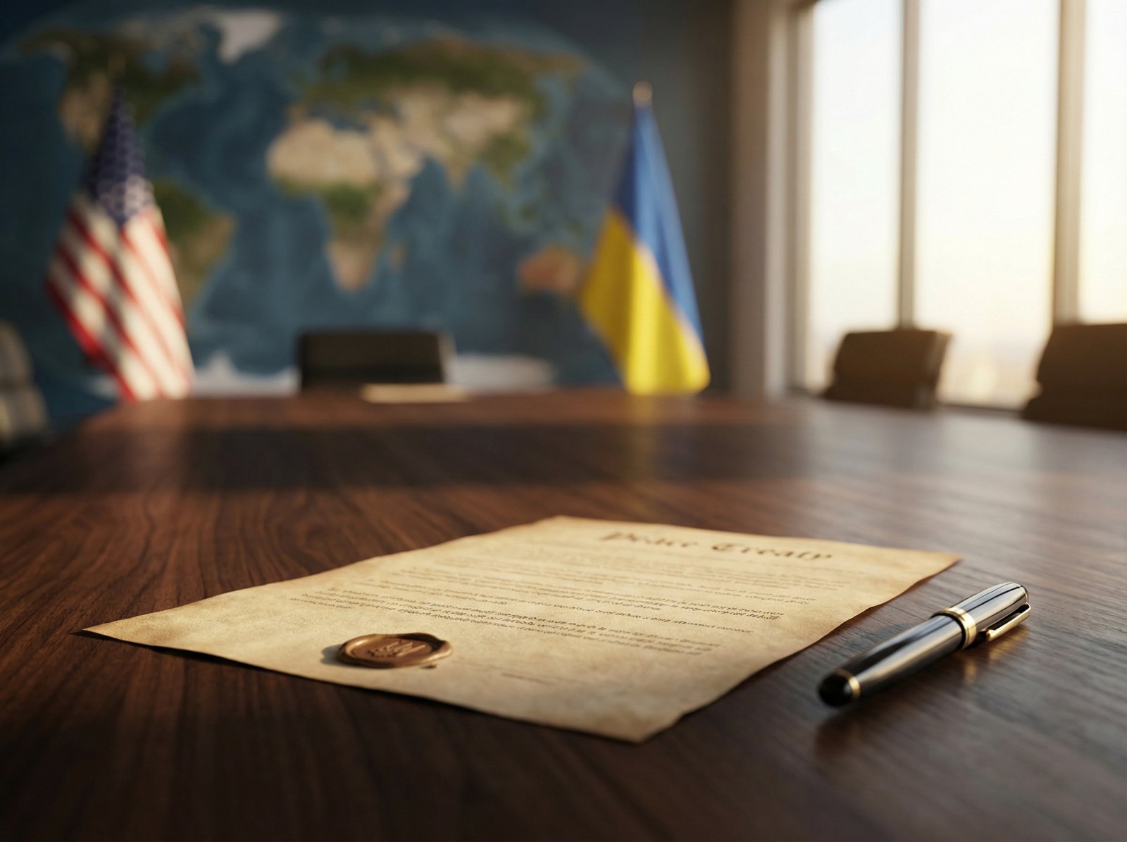 A professional and modern conceptual image of a peace treaty document on a high-end wooden table with a pen, background featuring a blurred world map and flags of USA and Ukraine, soft natural lighting, high contrast, 4:3 aspect ratio, no text