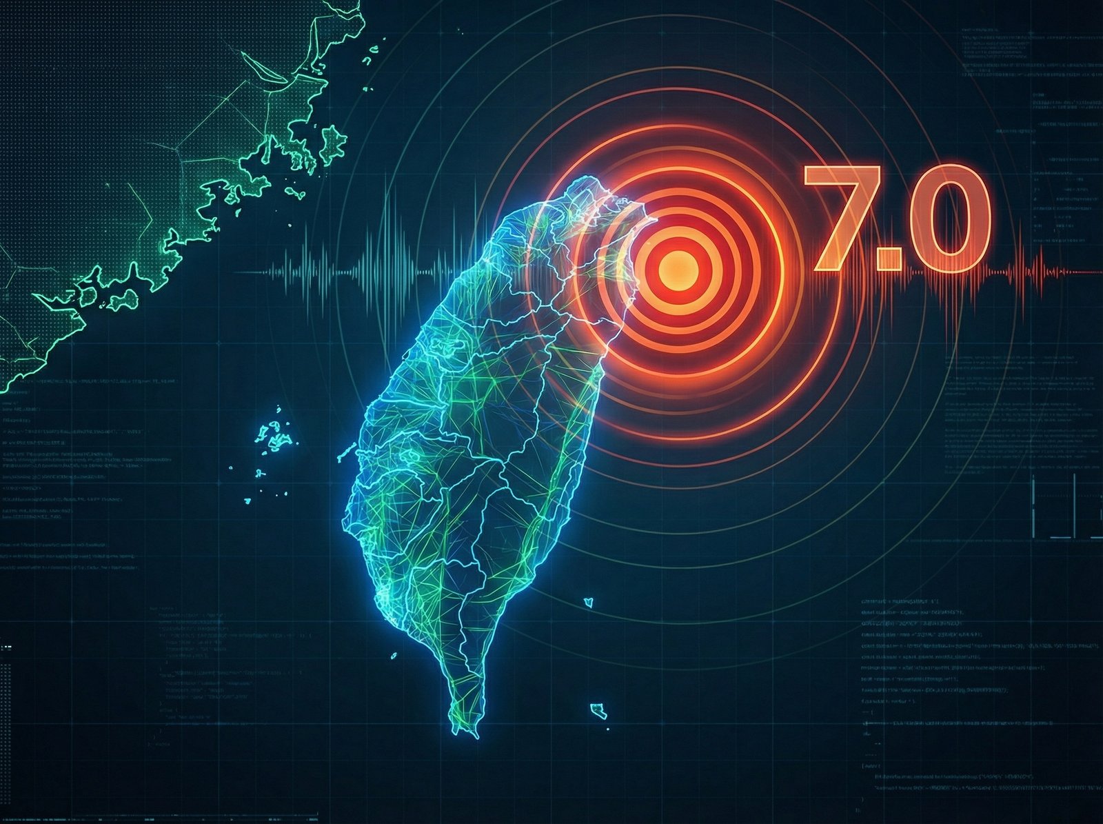 An informational graphic showing a map of Taiwan with an earthquake epicenter marked off the northeastern coast, illustrating the 7.0 magnitude earthquake event. Modern layout, high contrast, no visible text. aspect ratio 4:3