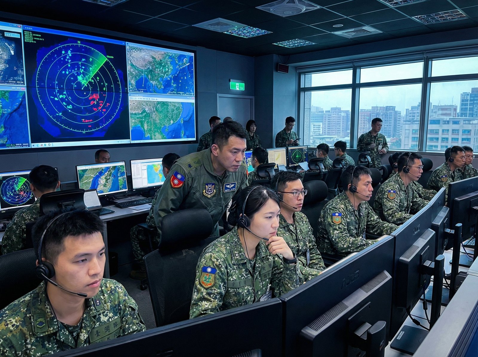 Inside a modern military command center in Taiwan, showing focused Taiwanese military personnel monitoring multiple screens displaying radar data and strategic maps. Their expressions are serious and determined, reflecting vigilance and readiness for "rapid-response exercises." Informational style, 4:3 aspect ratio, no visible text.