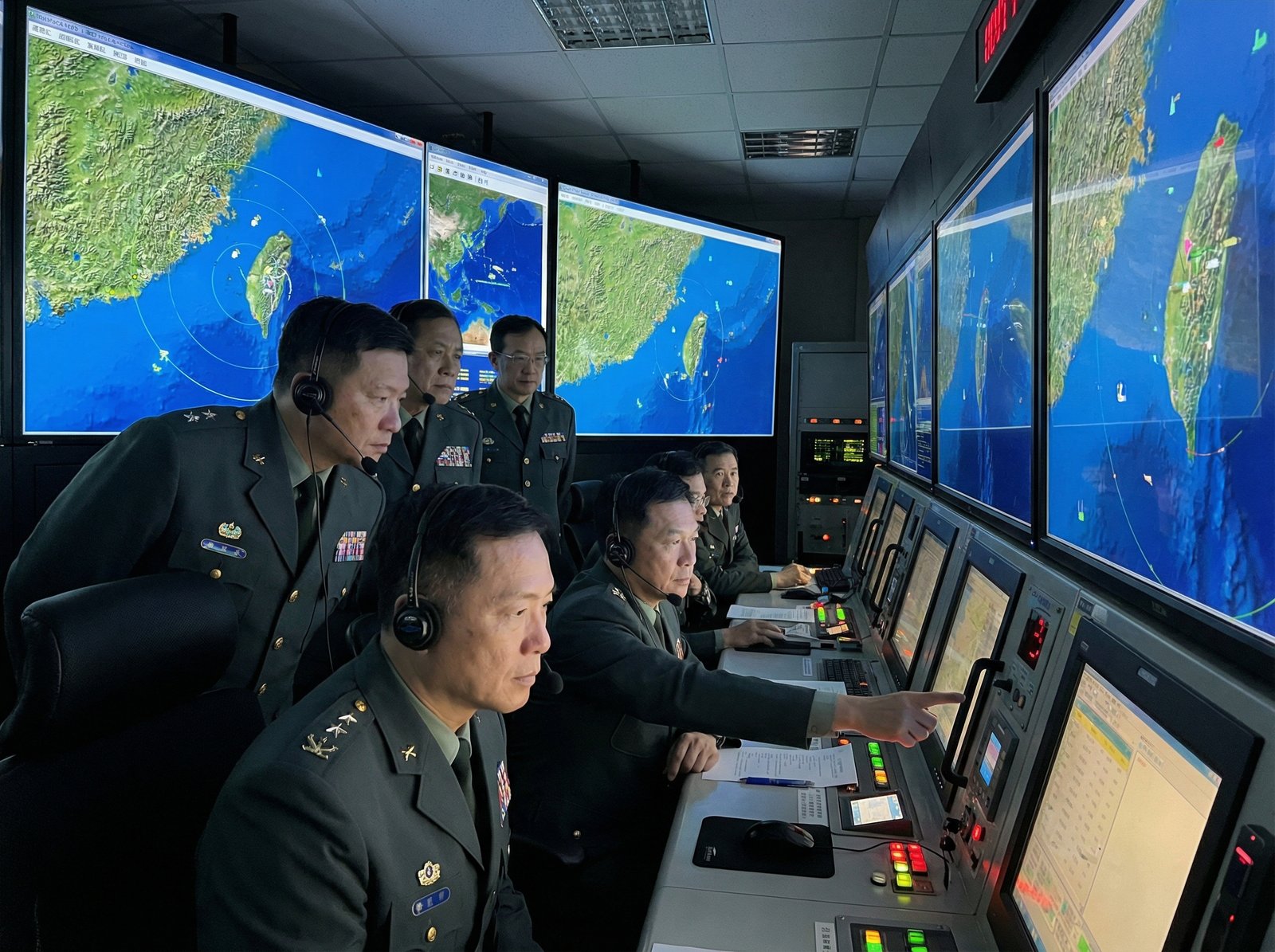 Taiwanese military officials in a control room, looking at large screens displaying maps and radar data related to military drills. Their expressions are serious and focused, conveying a sense of vigilance. Aspect ratio 4:3, no visible text.