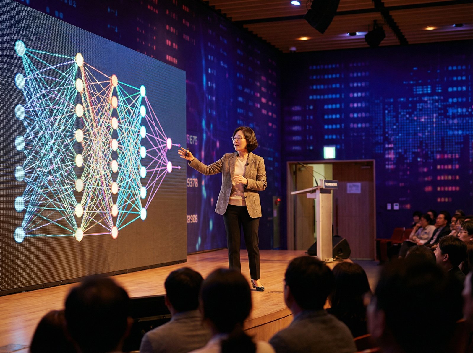 A professional Korean tech leader giving a presentation about AI innovation on a stage with a large digital screen, cinematic warm lighting, rich colored background, lifestyle photography style, no text, 4:3