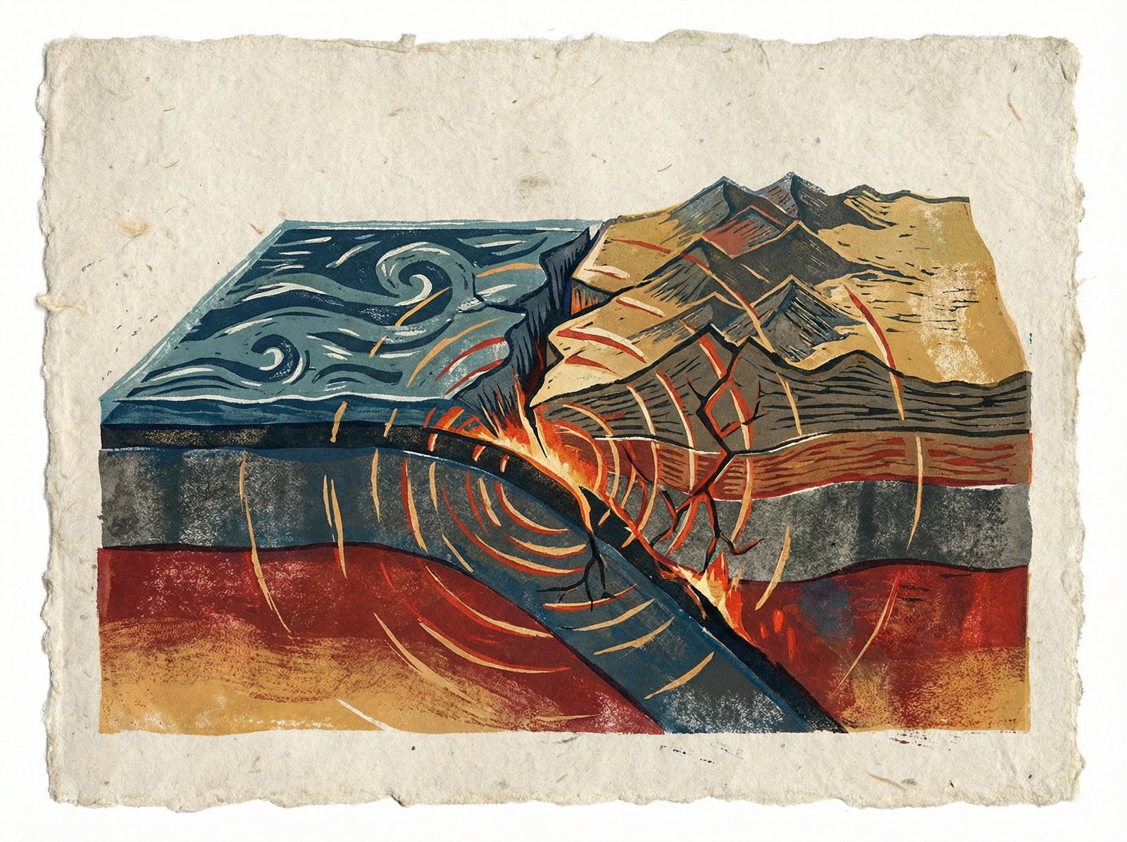 An illustration of two tectonic plates meeting and causing an earthquake. Textured background, artistic rendering, no visible text. aspect ratio 4:3