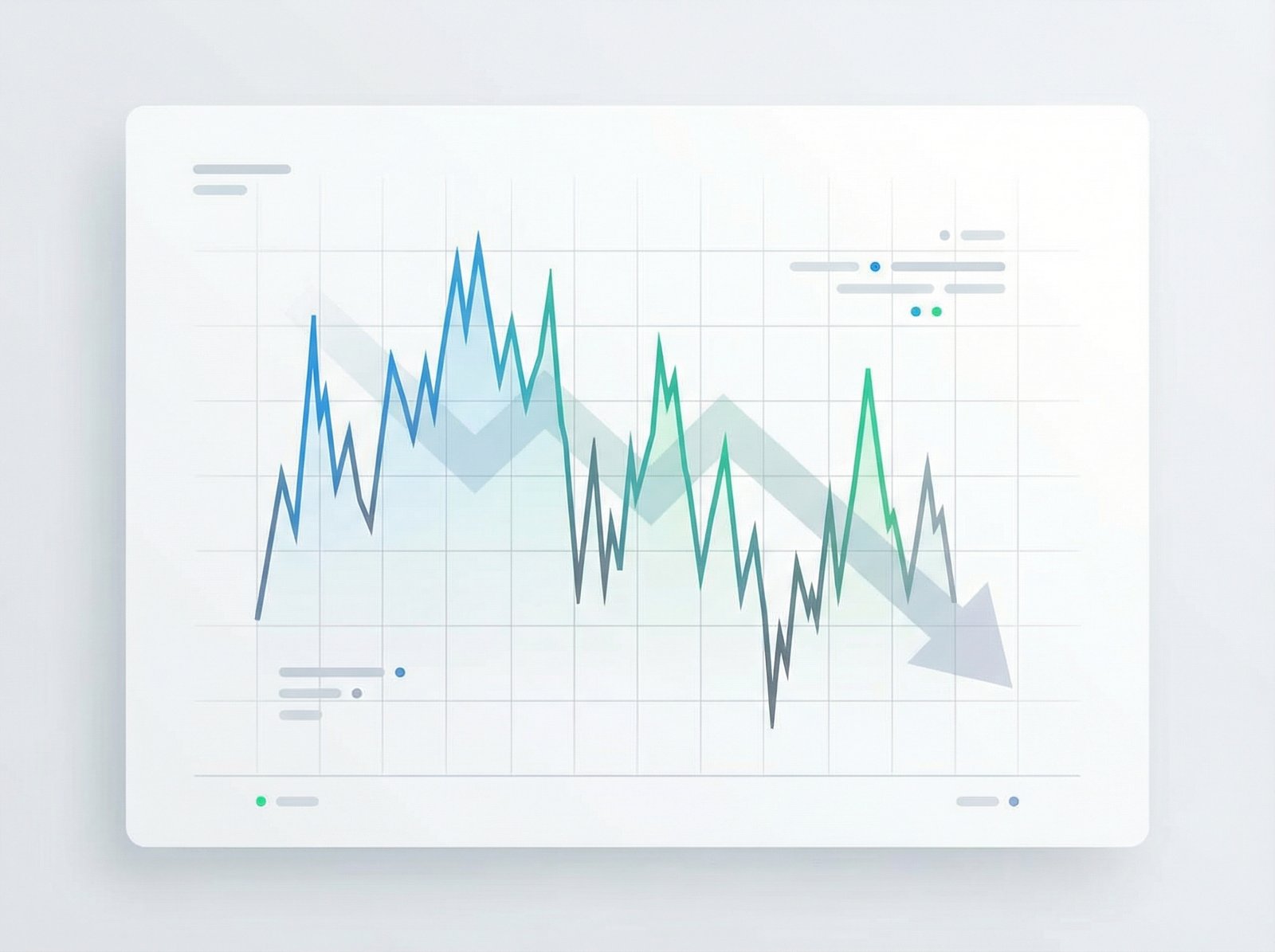 A clean infographic showing a fluctuating stock chart with a subtle arrow pointing downwards, representing market volatility, against a modern layout, 4:3 aspect ratio, no visible text