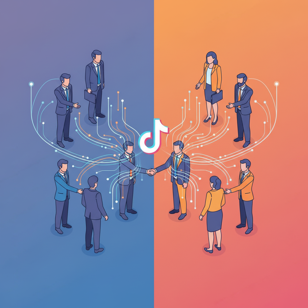 A modern digital landscape with the TikTok logo and business professionals shaking hands, glowing data streams connecting them, high contrast, clean infographic style, colored background, no text