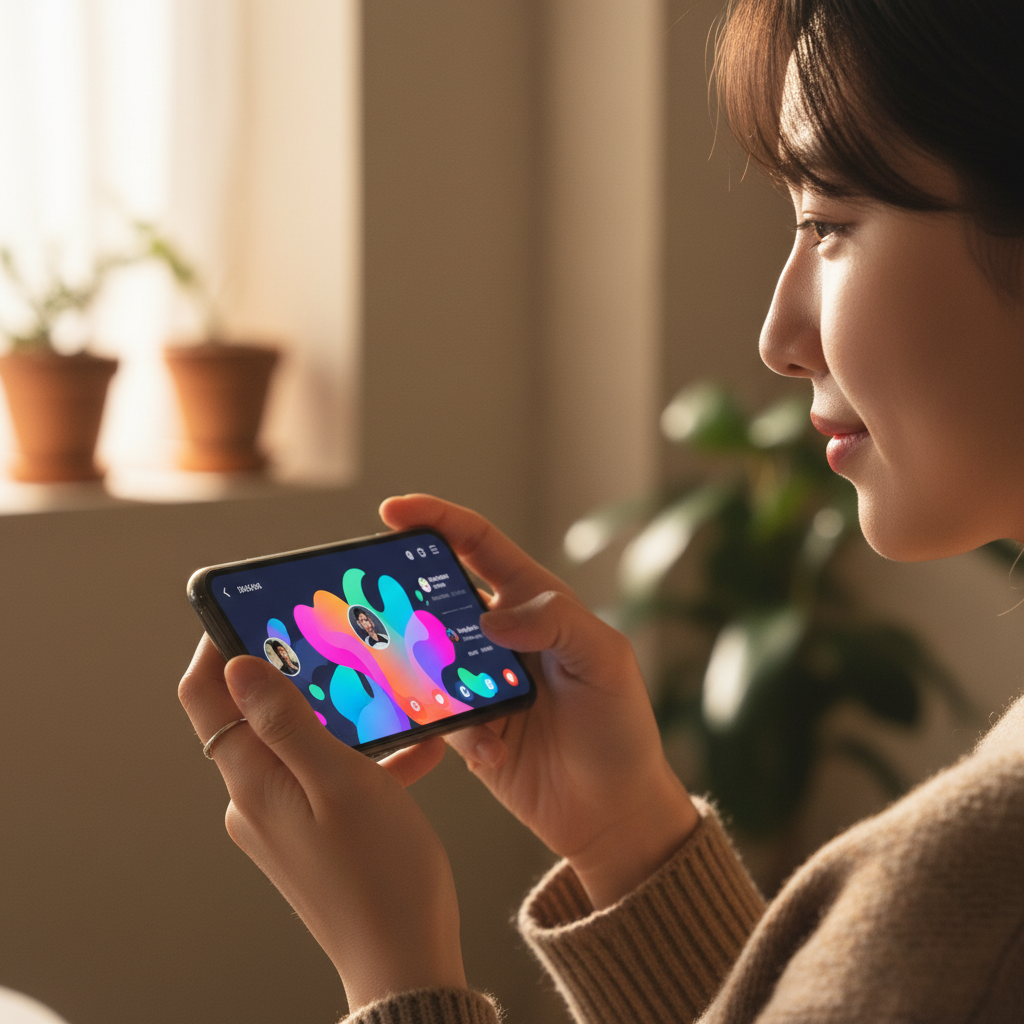 A close-up of a person using a smartphone with a vibrant social media interface, warm natural lighting, lifestyle photography, Korean person appearance, no text