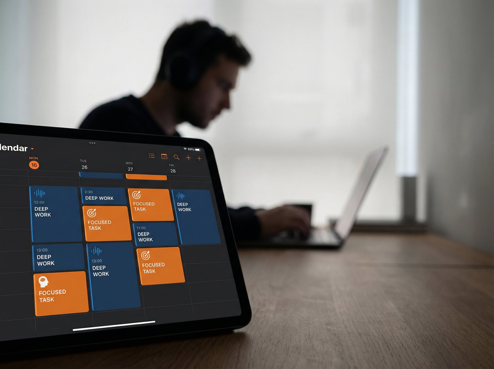 A digital calendar showing clear, distinct blocks of time labeled for "deep work" or focused tasks, with a person focused on a laptop in the background (blurred). Clean infographic style, modern layout, high contrast, clean infographic style, modern layout, high contrast, no visible text, 4:3 aspect ratio.
