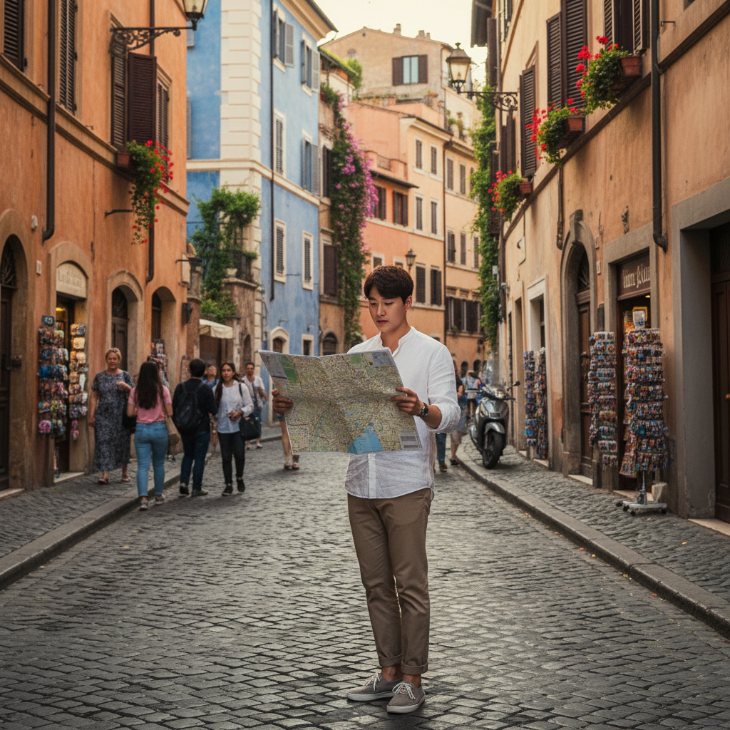A young Korean person exploring historic Rome street with a map, colorful old buildings, lifestyle photography, natural lighting, rich details, no text