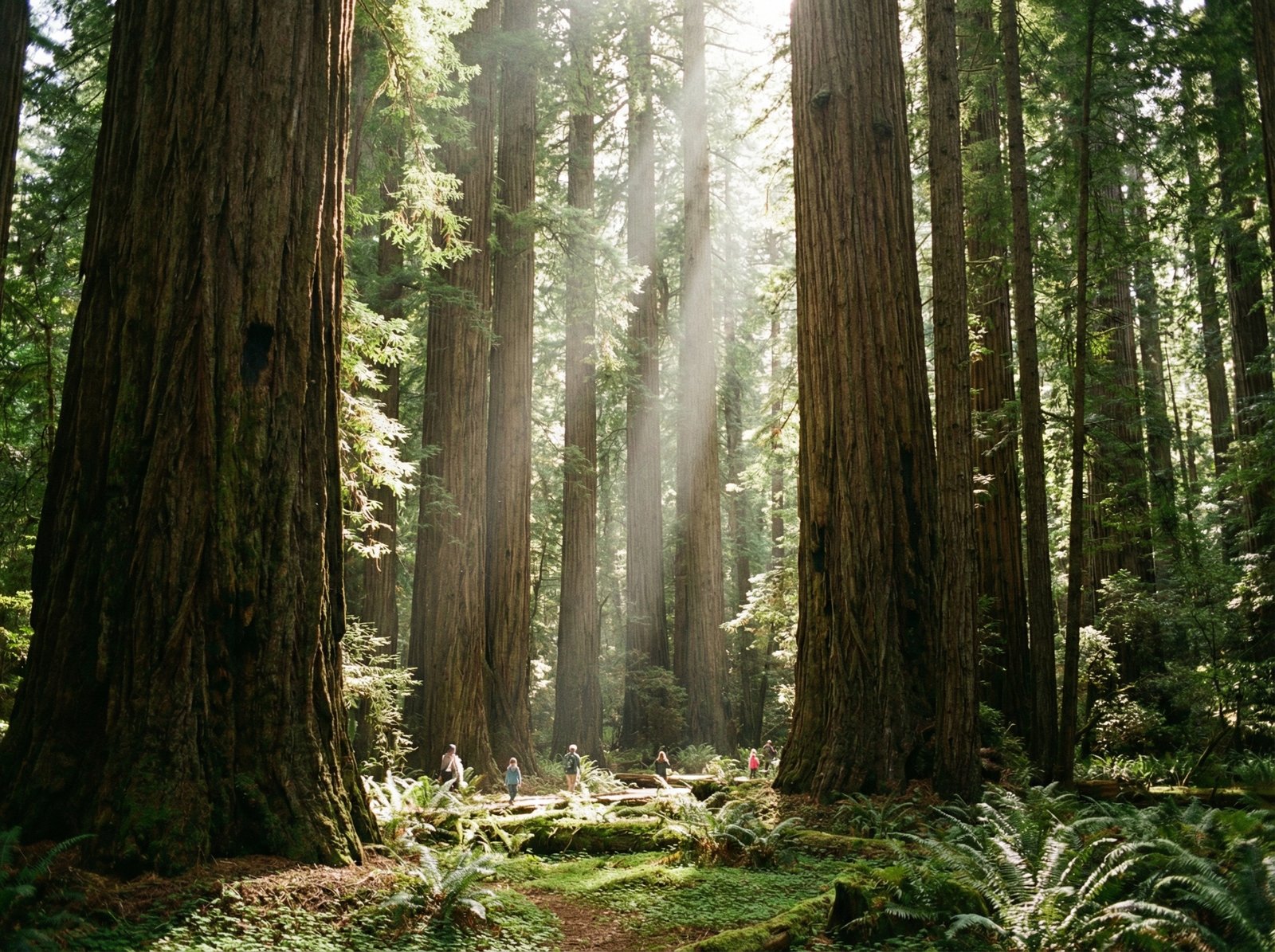 Towering Redwood trees in a lush, green forest, sunlight filtering through the canopy. The scale is immense, showing human figures as tiny in comparison. Natural lighting, centered focus, no visible text, aspect ratio 4:3.