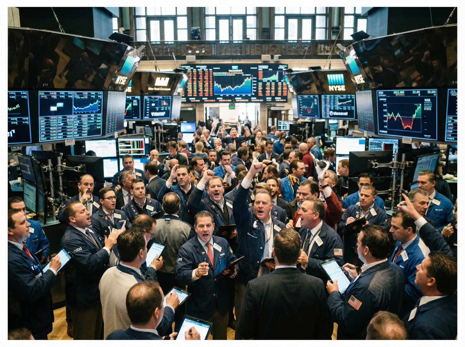 Traders on the floor of the New York Stock Exchange, busy, focused, digital screens in background, realistic, natural lighting, no visible text, aspect ratio 4:3