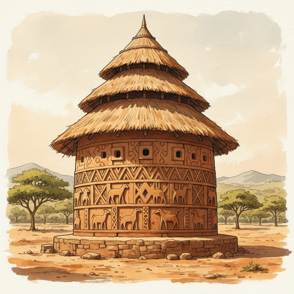 A wide view of a traditional Asante building in Ghana, mud walls with intricate relief patterns, thatched roof, warm earthy tones, historical atmosphere, artistic rendering, textured background, no text