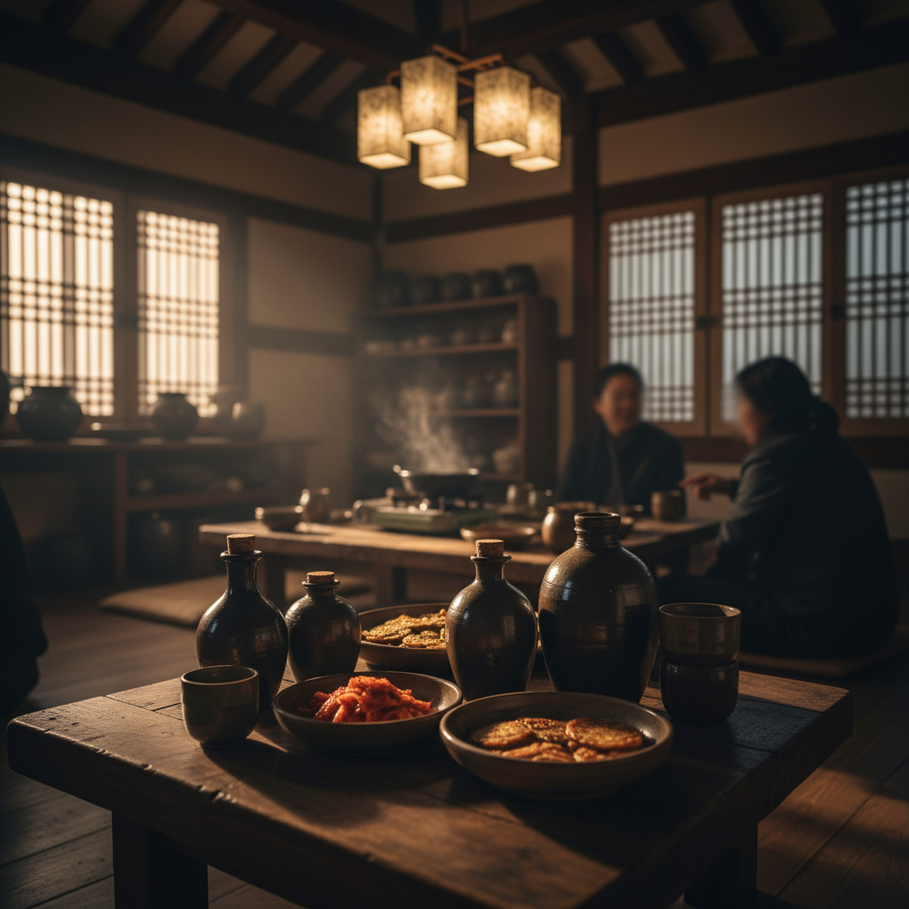 A warm and cozy traditional Korean tavern setting with ceramic liquor bottles and cups on a wooden table, soft ambient lighting, high contrast, lifestyle photography, 4:3