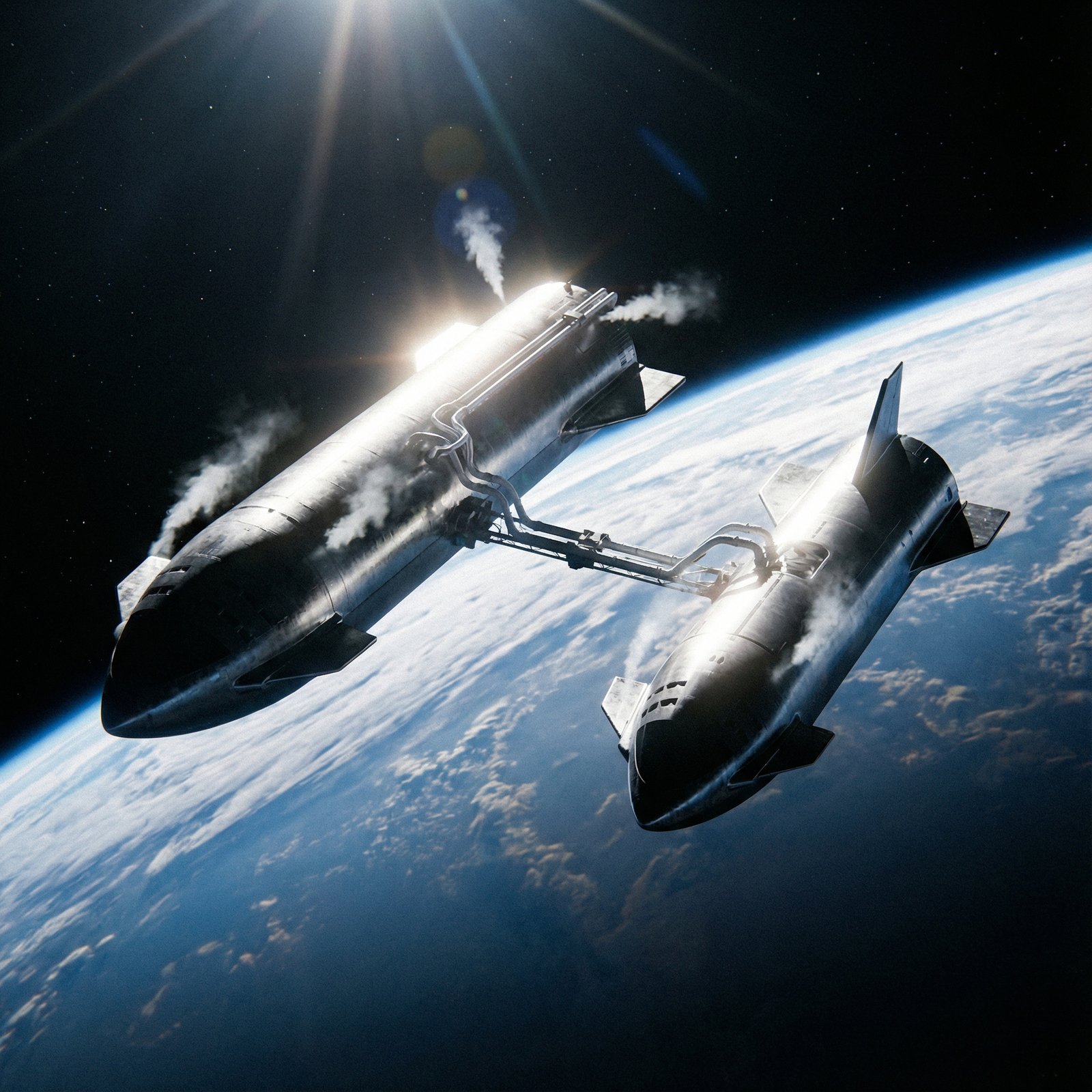 Two sleek silver spacecraft docking in Earth orbit for cryogenic propellant transfer, bright sunlight reflecting off metallic surfaces, deep black space background, cinematic lighting, 1:1, no text