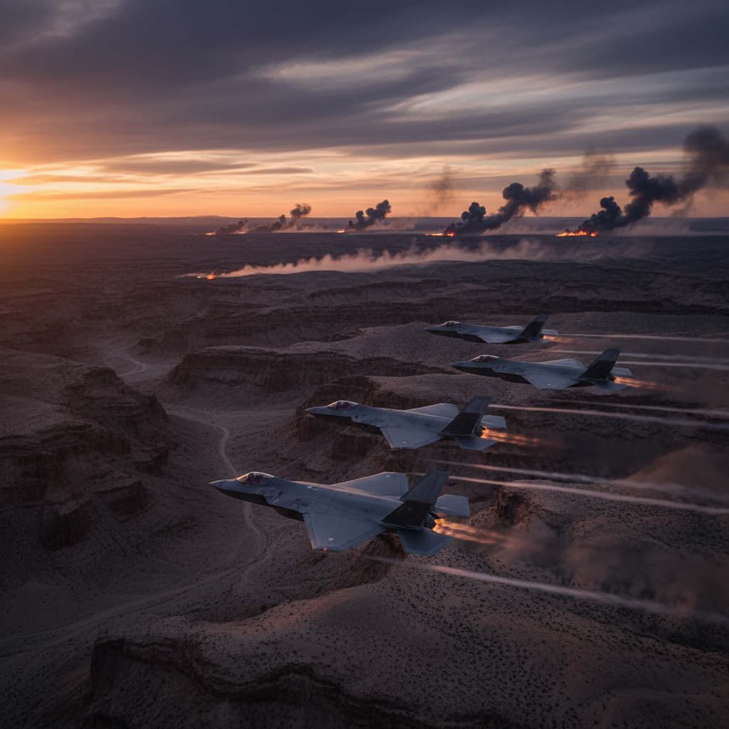 A cinematic long shot of military aircraft flying over a desert landscape at dusk with distant smoke rising from targets, dramatic lighting, high contrast, professional photography, no text