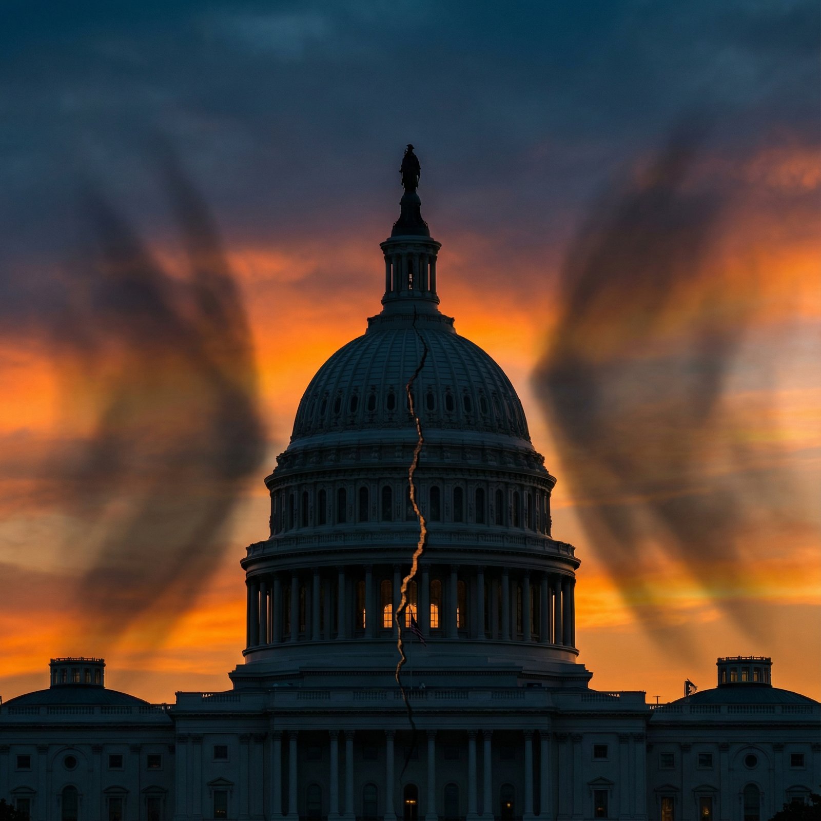 The US Capitol building at sunset, with a subtle visual metaphor of two opposing forces pulling it apart or creating a crack, symbolizing political division and tension. Aspect ratio 1:1, no visible text.