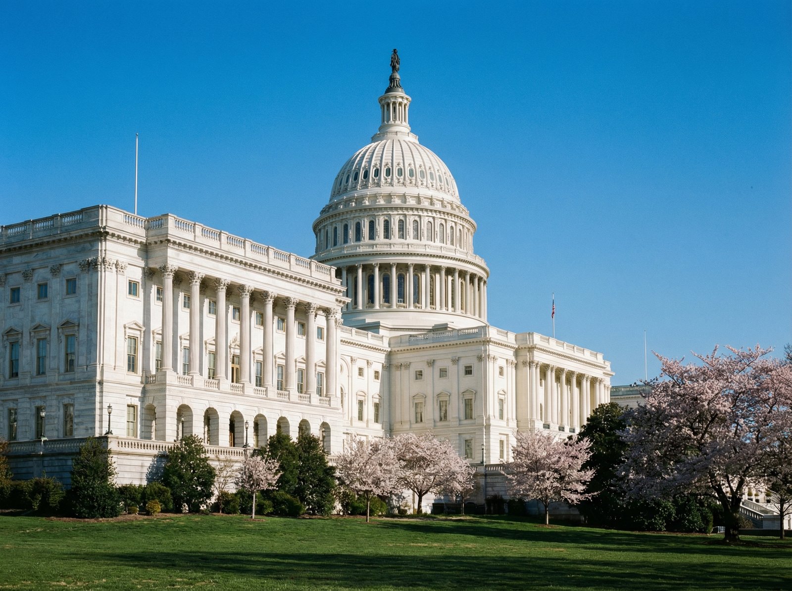 A professional wide shot of a classic government building architecture in Washington DC under a clear blue sky. High contrast and clean look. 4:3 aspect ratio, no text.