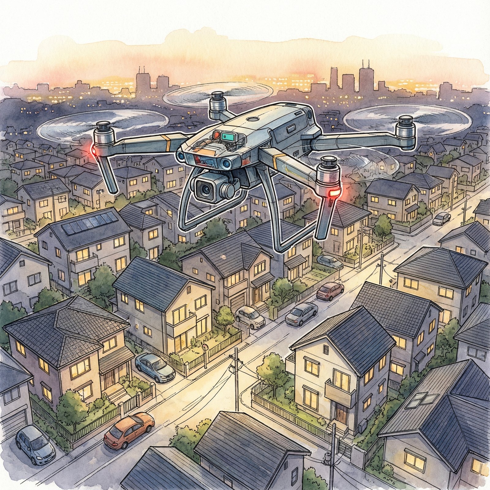 A detailed illustration of a drone flying over a residential area at night, with a subtle glow from distant city lights, in an informational style, 1:1 aspect ratio, no visible text, no white background.