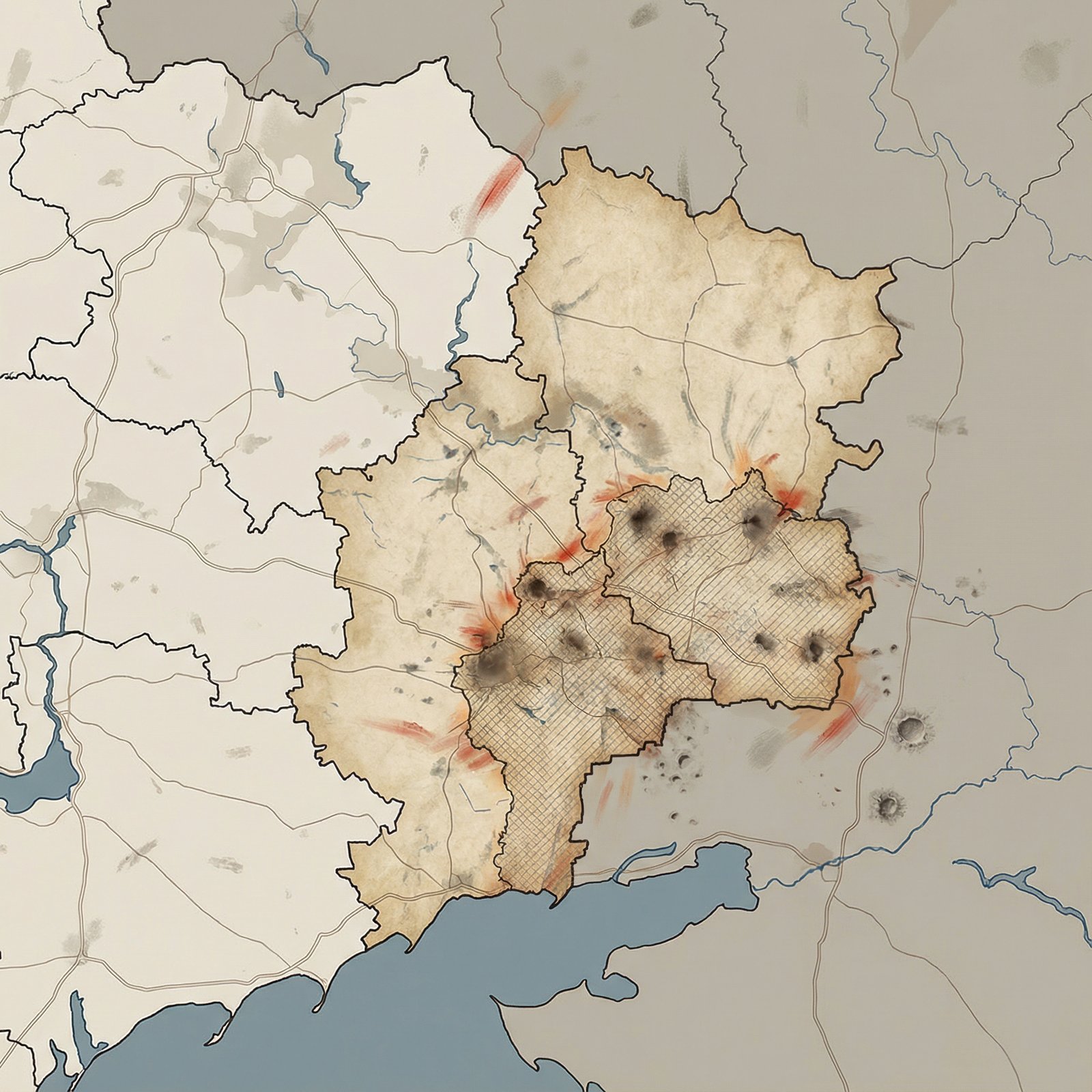 A stylized map highlighting the Donbas region of Ukraine, with subtle indications of conflict zones, a neutral color palette, clear geographical focus, 1:1 aspect ratio, no visible text.