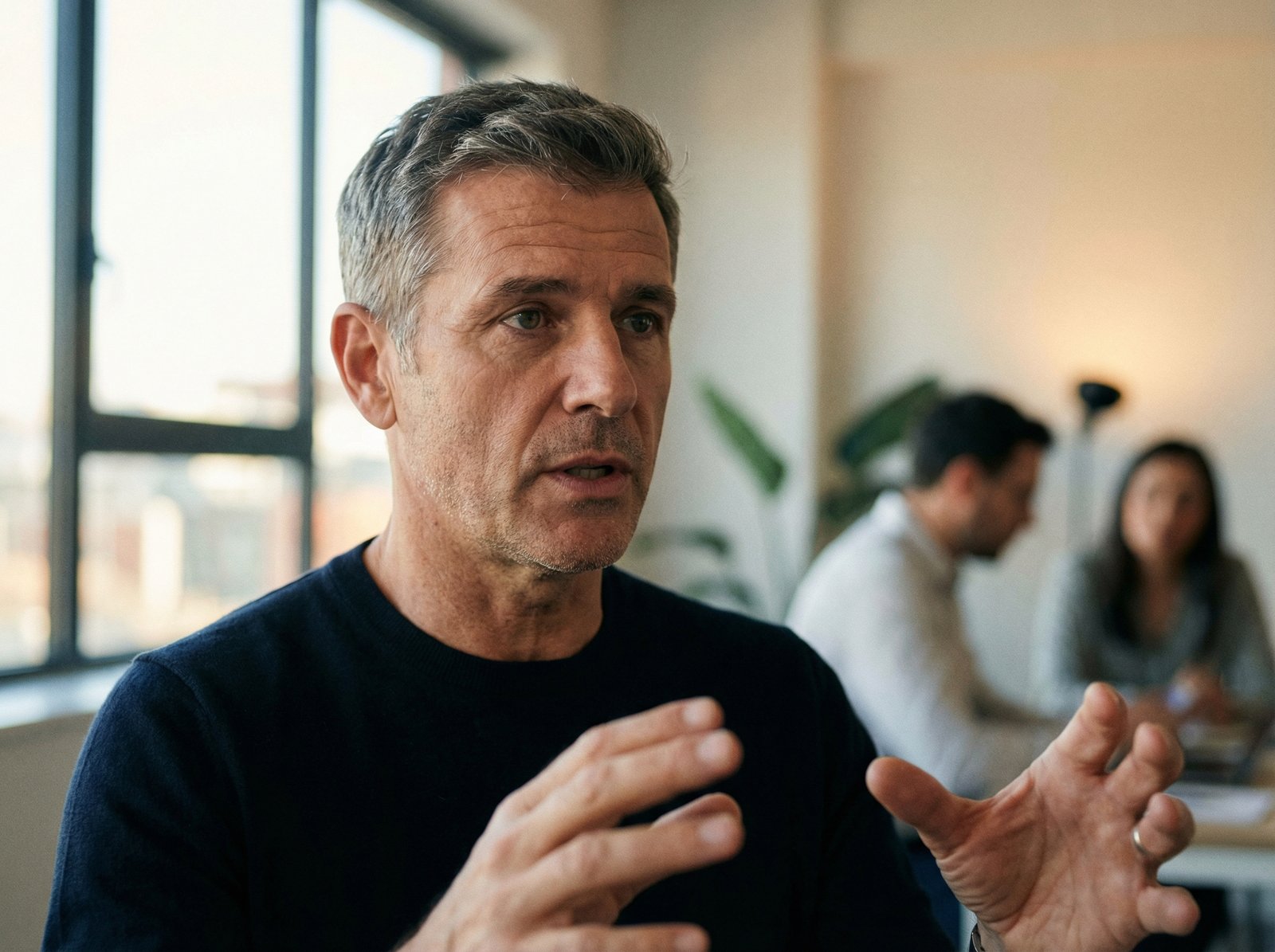 A candid, close-up photograph of a male leader with short hair, speaking with a serious expression, in a modern office setting. Focus on his face and upper body. Lifestyle photography, 4:3 aspect ratio, no visible text.