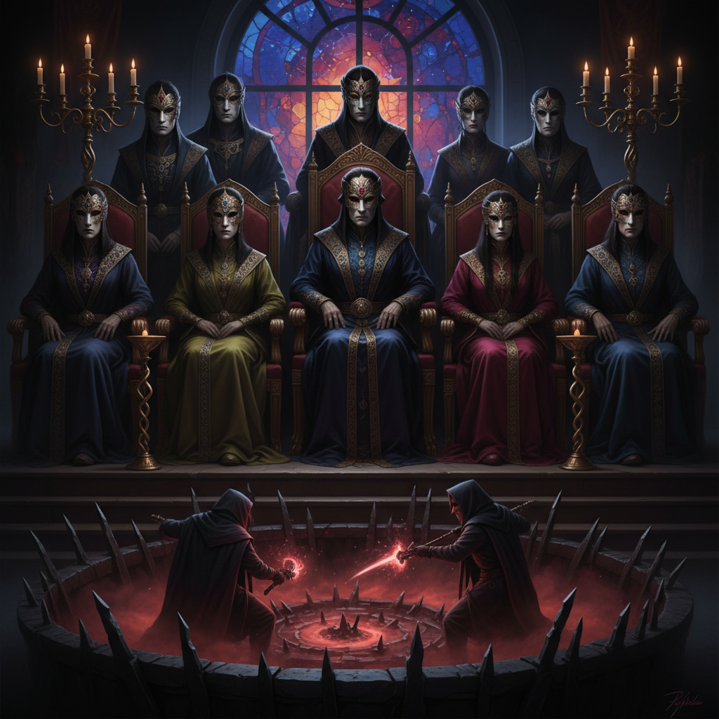 Several masked VIPs watching a deadly game with cold, detached expressions, luxurious but eerie setting, dark, atmospheric lighting, high contrast, colored background, no text, centered focus, natural expression