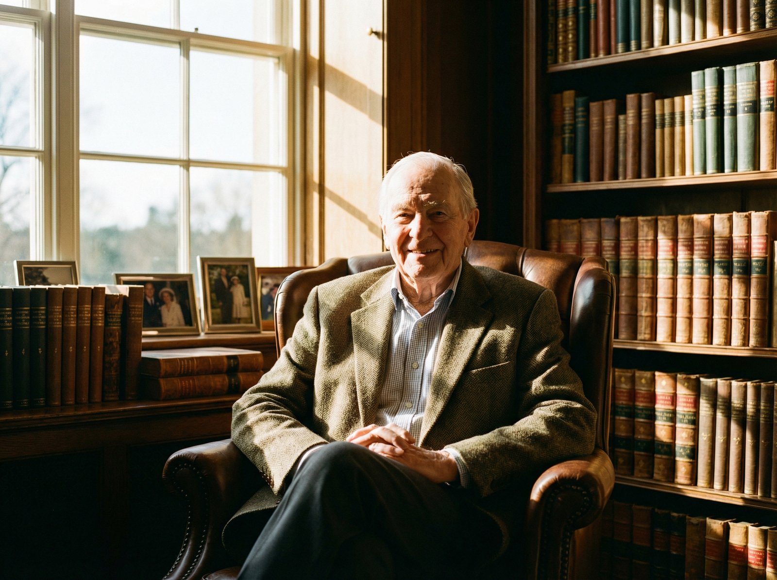 A professional and warm portrait of an elderly investment expert sitting in a classic office with books, soft sunlight, high contrast, lifestyle photography, 4:3