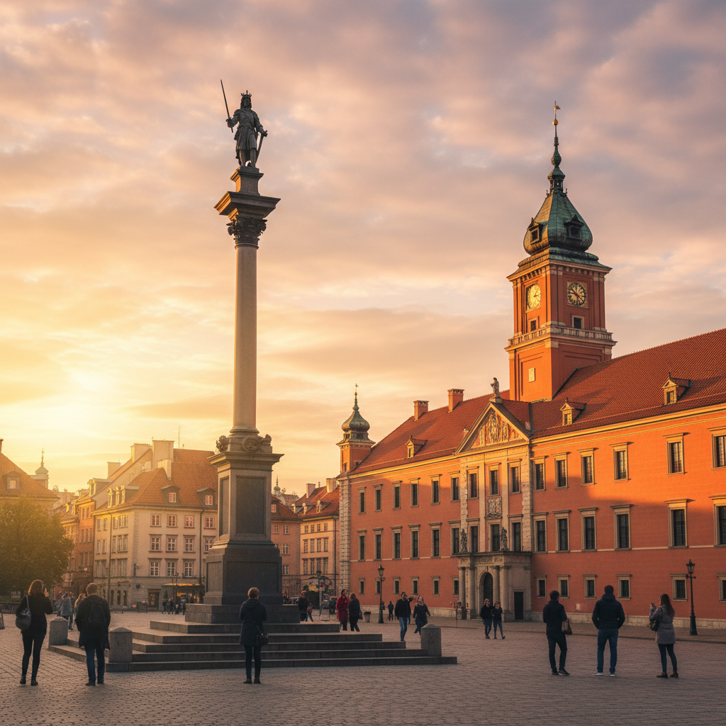 The Royal Castle in Warsaw with the Sigismund's Column in the foreground, lifestyle photography, golden hour lighting, no text
