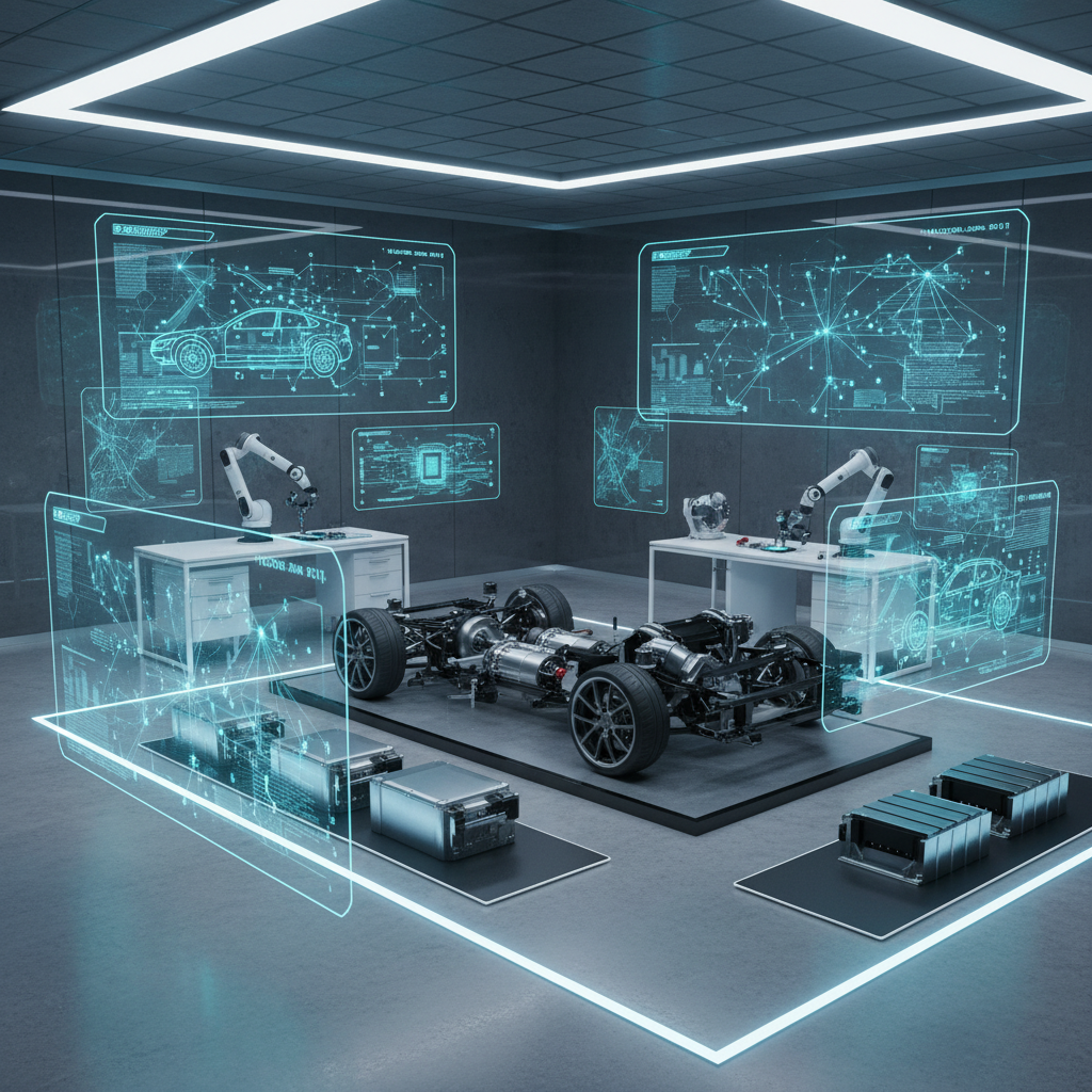 A modern tech environment showing digital interfaces and high-tech vehicle components, clean layout, professional lighting, tech-focused atmosphere, no text