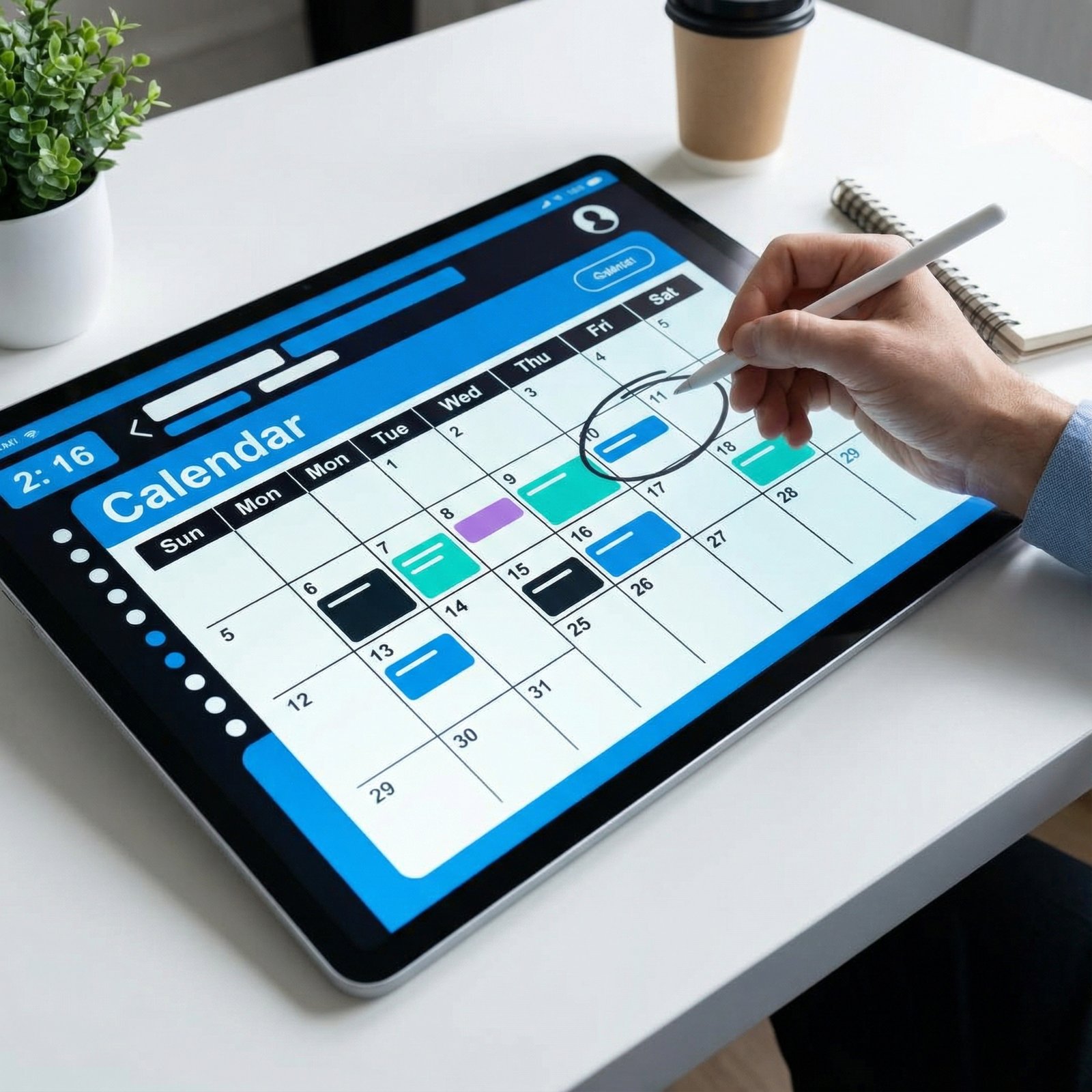 A person's hand using a stylus to review a digital calendar on a tablet or large smartphone, marking plans for the upcoming week. The background is a clean office desk. Clean infographic style, modern layout, high contrast, no visible text, 1:1 aspect ratio.