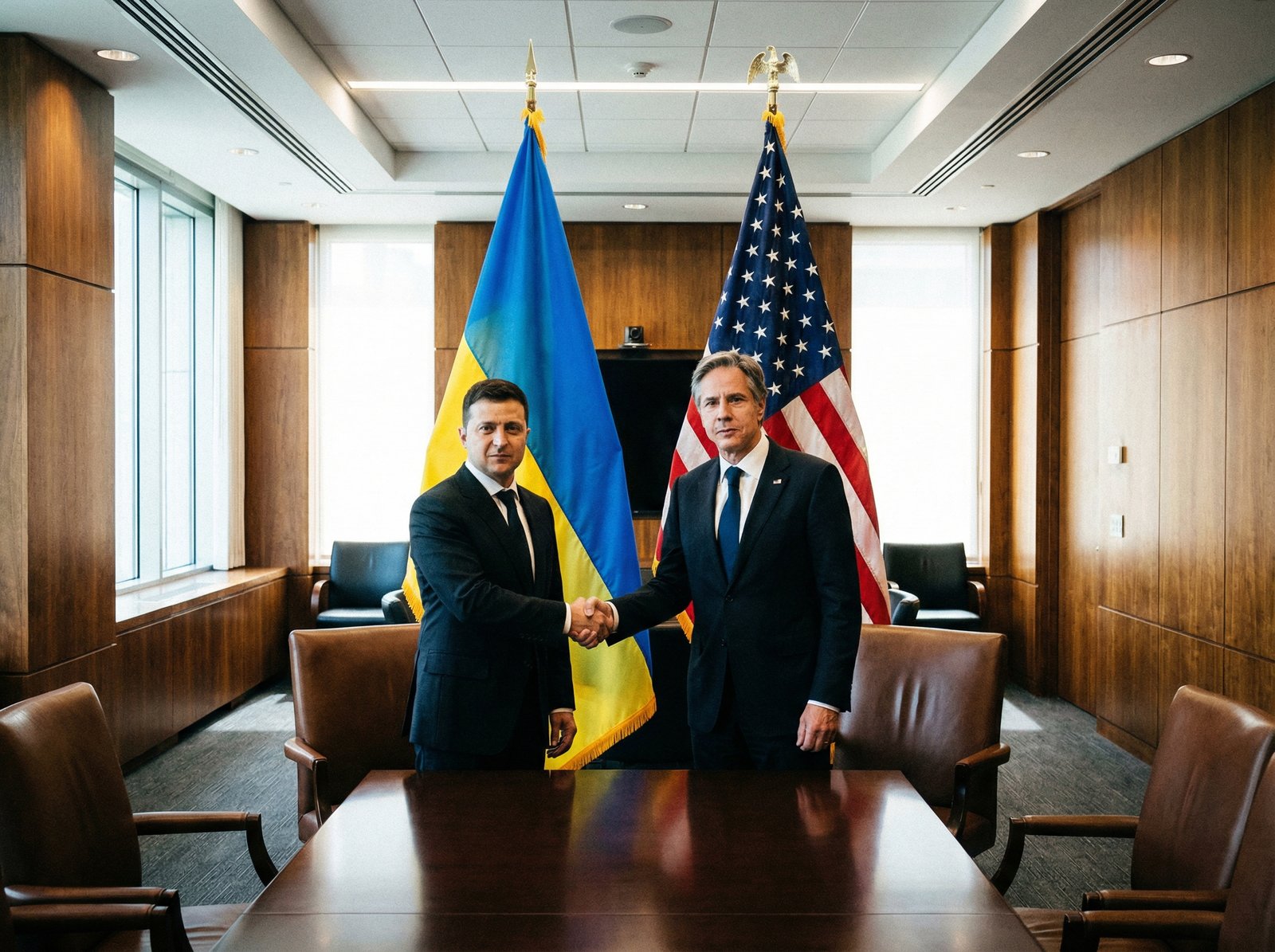 Two political leaders, one representing Ukraine and another representing the USA, shaking hands in a formal meeting room, with flags in the background. The atmosphere should be serious and diplomatic. Aspect ratio 4:3, no visible text, modern layout, high contrast.