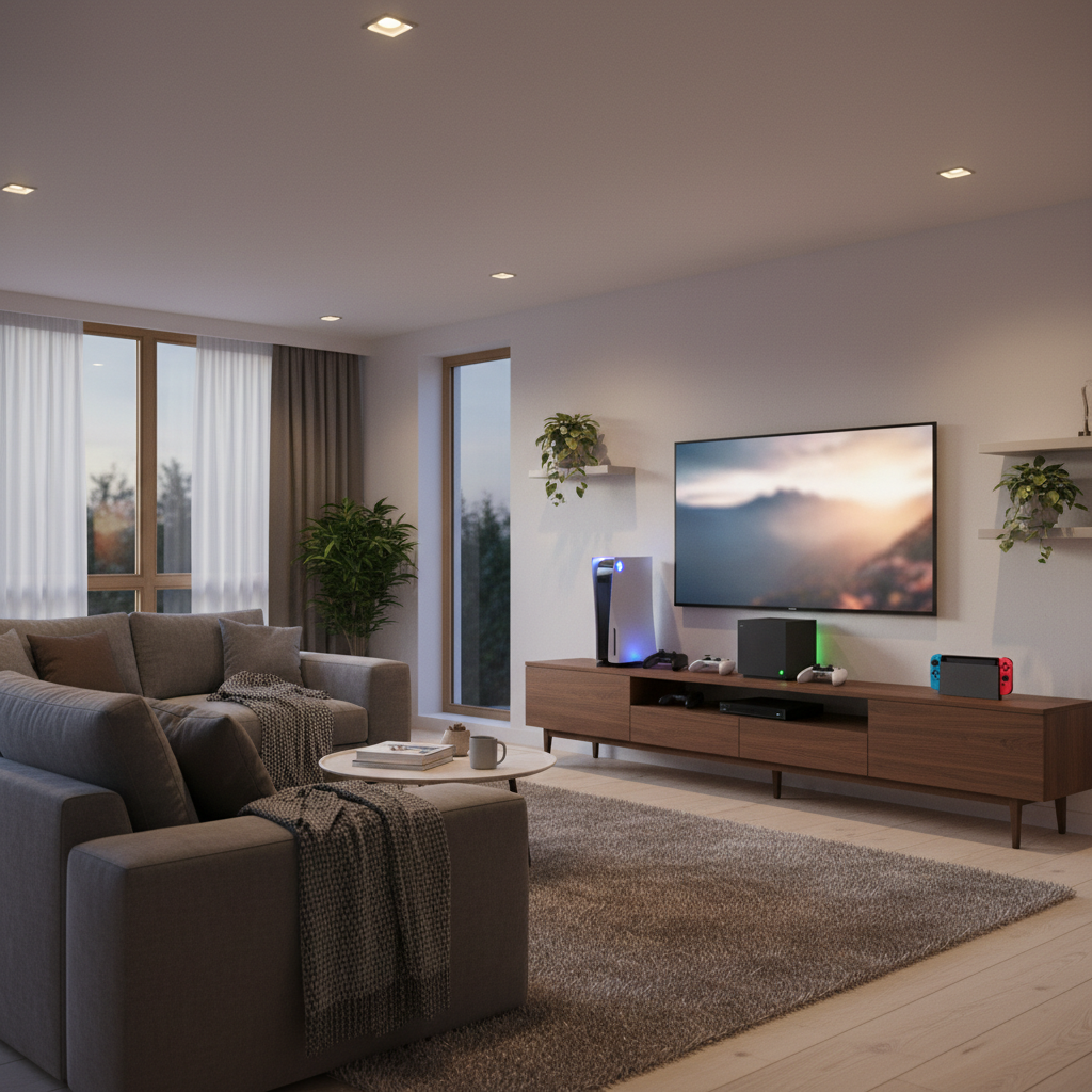 A modern living room setup featuring a PlayStation 5 a Nintendo Switch and an Xbox Series X console on a sleek TV stand, cinematic lighting, cozy home atmosphere, no text