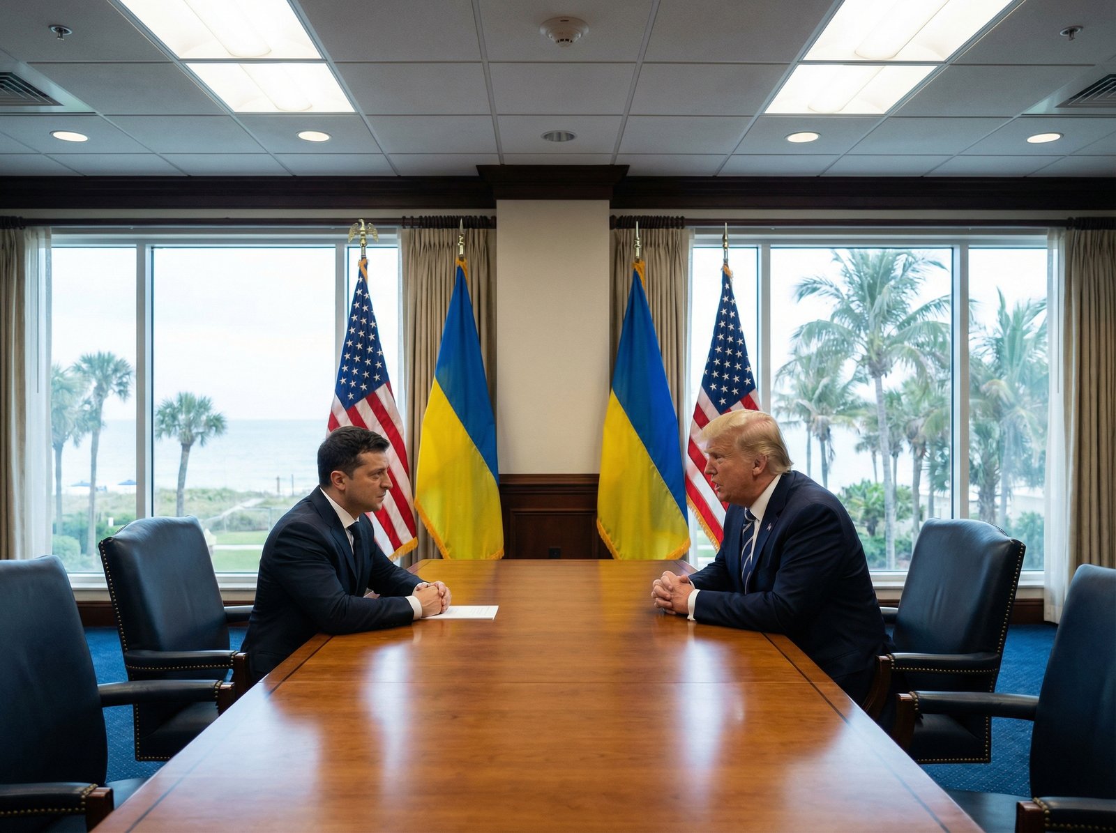 Volodymyr Zelenskyy and Donald Trump engaged in serious discussion during a meeting in Florida. The atmosphere is formal and diplomatic, with flags visible in the background. The lighting is balanced and professional. Aspect ratio 4:3, no visible text.
