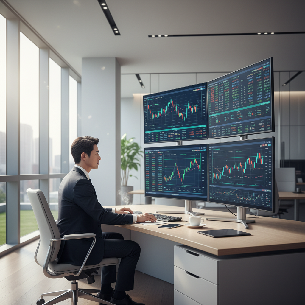 A confident Korean male professional looking at multiple screens with financial data, clean office environment, soft natural lighting, modern professional setting, no text