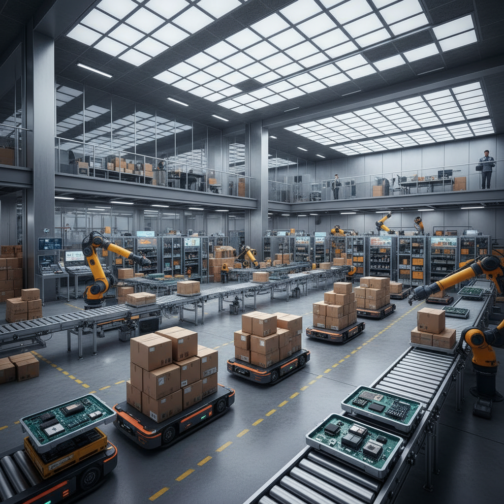 A modern logistics warehouse with boxes and electronic components being moved, industrial setting, bright balanced lighting, rich composition, no text