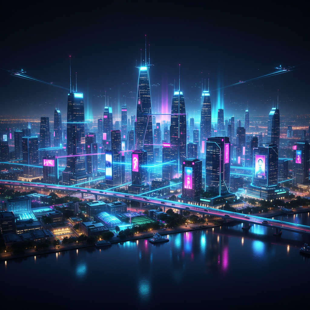A panoramic view of a futuristic smart city at night with digital data streams connecting buildings, elegant composition, vibrant neon colors, no text