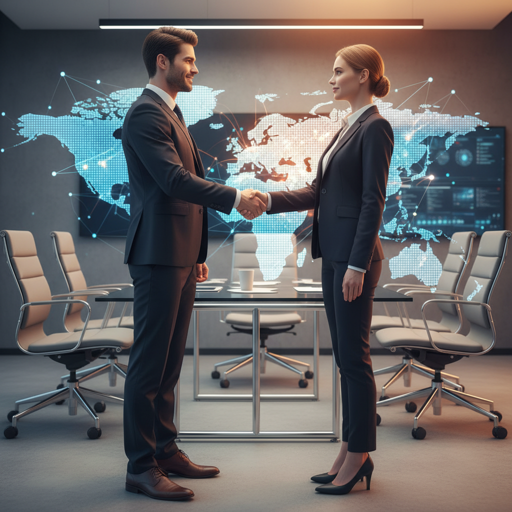 Two professional business people in suits shaking hands in front of a digital world map background, warm lighting, professional office atmosphere, high resolution, no text