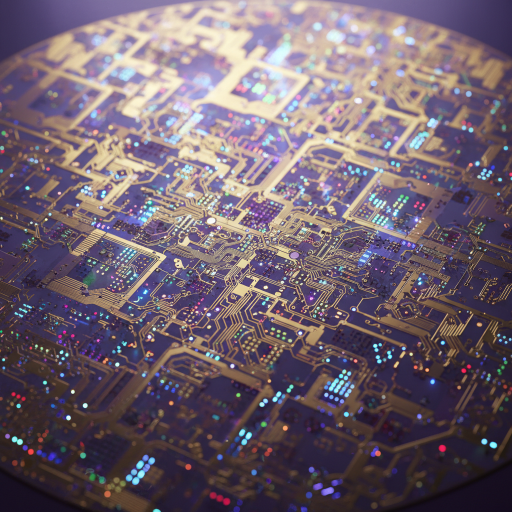 A detailed close-up of a high-performance semiconductor wafer with golden circuits and glowing lights, technological sophistication, vibrant colors, no text