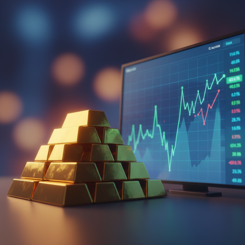 A sophisticated scene of shining gold bars stacked next to a glowing stock market display screen, high contrast, professional finance setting, warm cinematic lighting, colored background, no text, 4:3